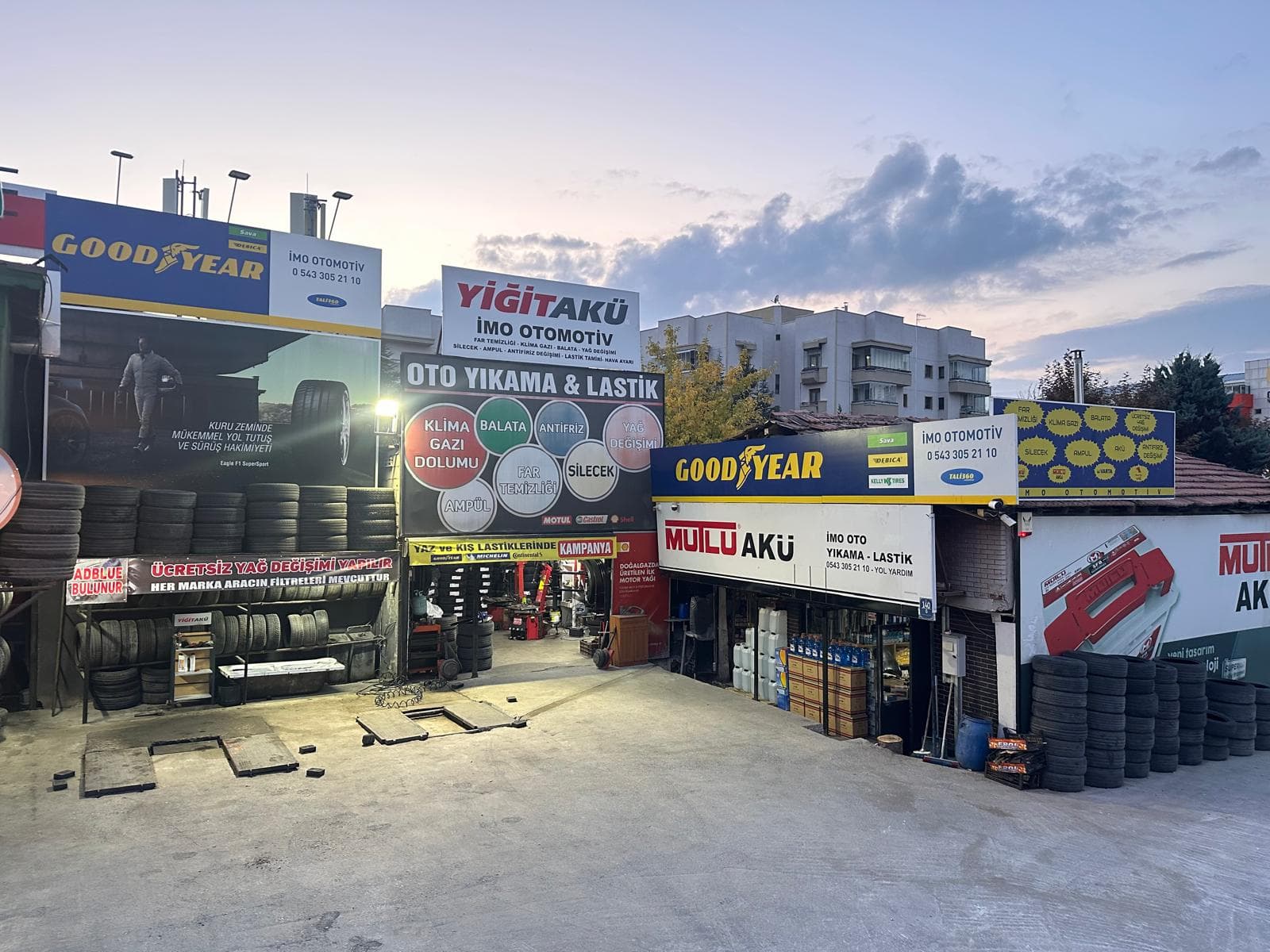 İMO Otomotiv dükkan önü — oto yıkama ve lastik